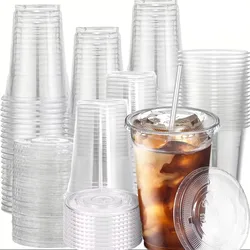 100PCS Disposable Plastic Cups with Lid 12oz Transparent Cups Cold Drink Coffee Tea Smoothies Sodas Milkshake Home Parties