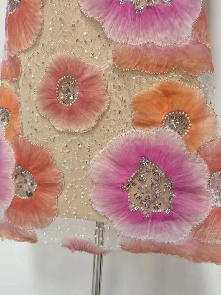 Printemps et été 2025 femmes nouvelle bulle manches patch fleur perlée brodée robe à paillettes mince robe de dîner de célébrité