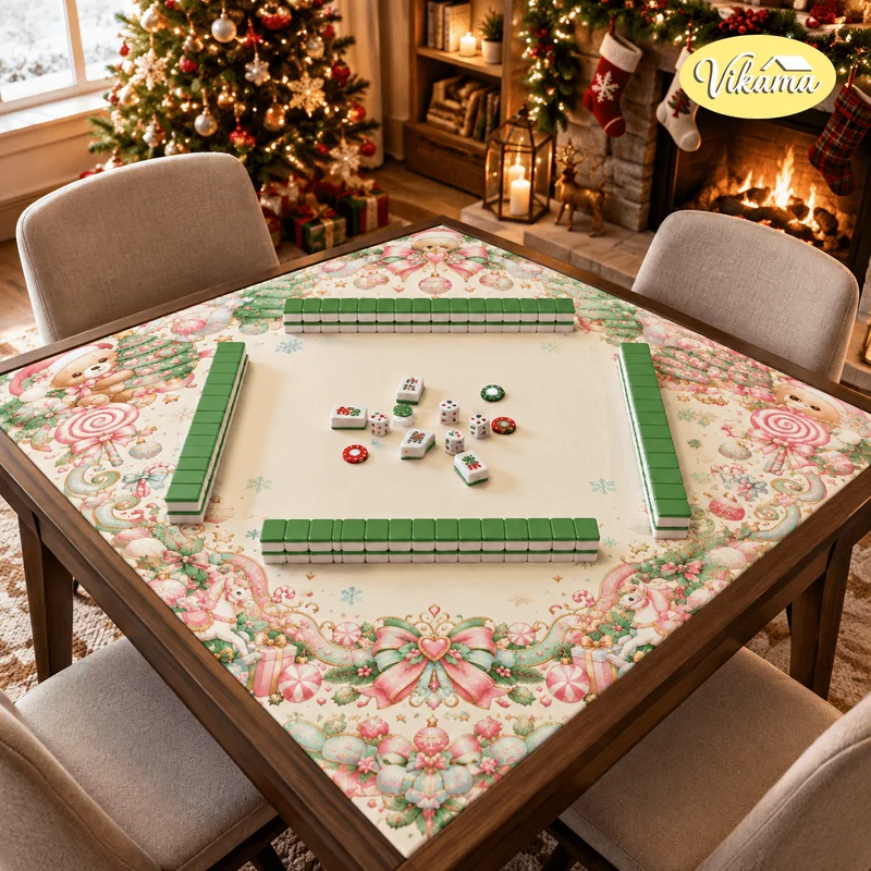 Christmas Bear Mahjong Table Mat Non Slip Foldable Table Cover for Kids Family Game Night Living Room Holiday Decor