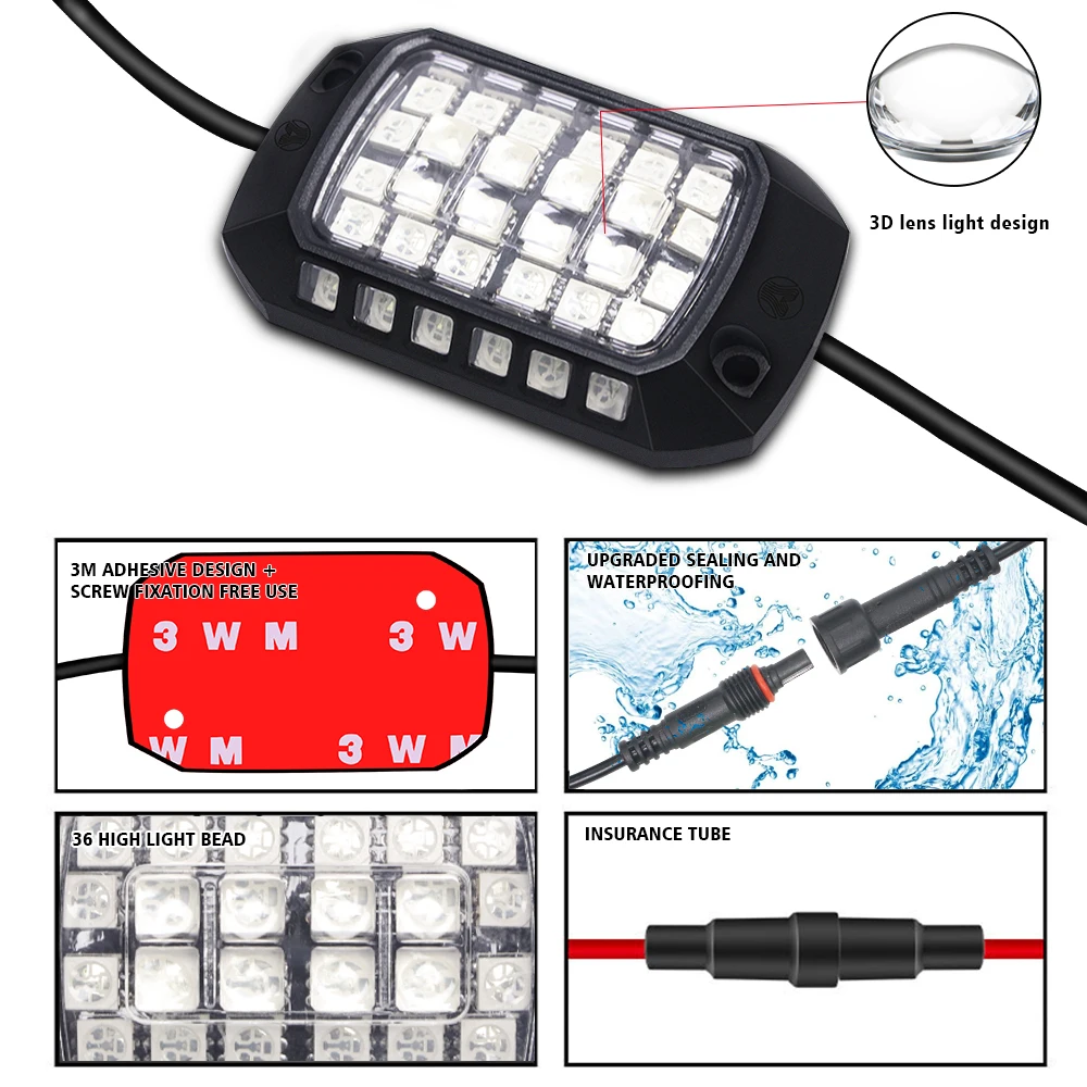 RGB LED Rock Lights Flow Scan Remote APP Control 3D Lens Undergolw Decorative Atmosphere Light For Offroad RZR SUV ATV UTV Jeep