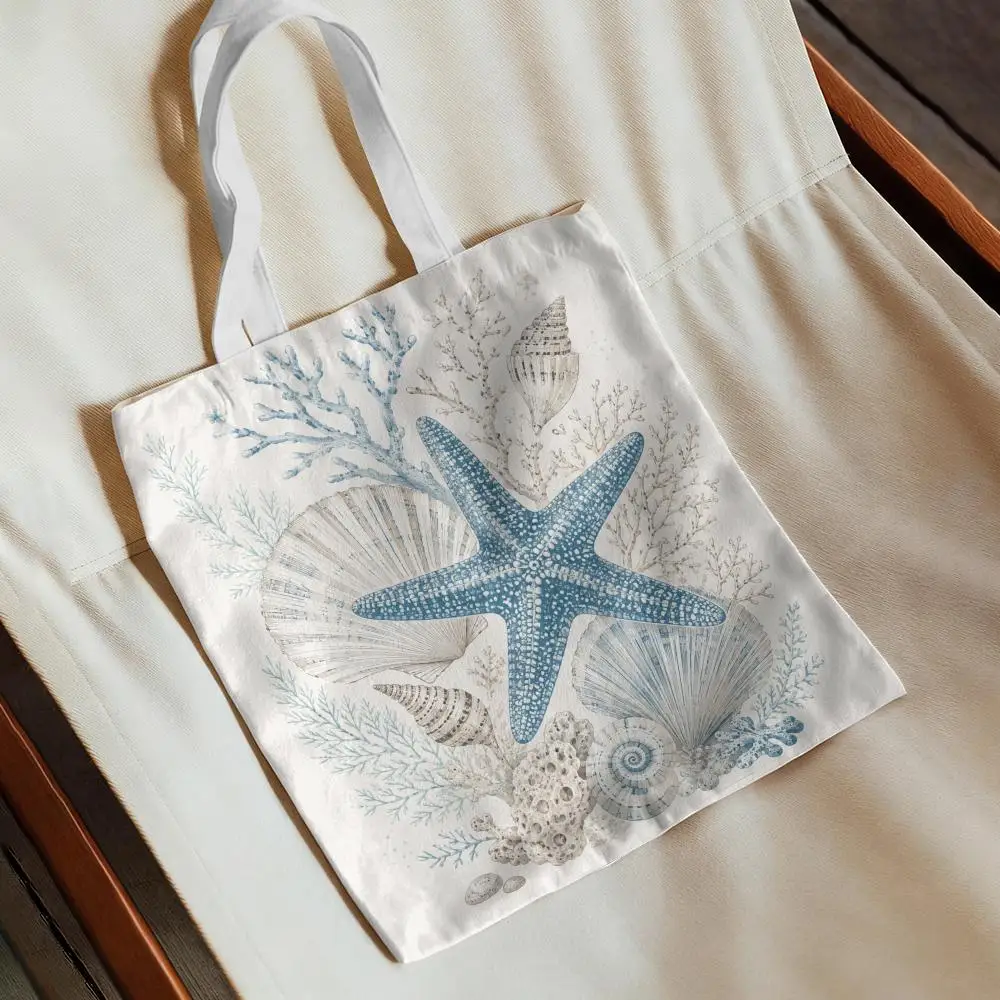 Retro marine creature Storage Bags Canvas Beach Bag Large Capacity Durable Shoulder Handbag Daily Shopping Travel Bag