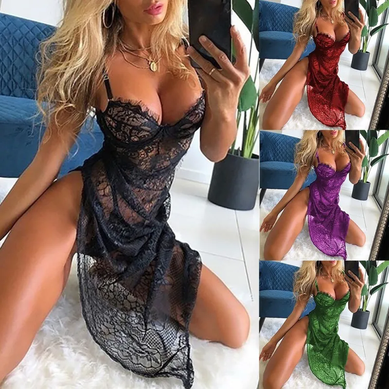 Contrast Lace Ruffle Trim Lingerie Set, Deep V Slip Dress & Thong, Women\'s Sexy Lingerie & Underwear Porn Sexy Pajamas