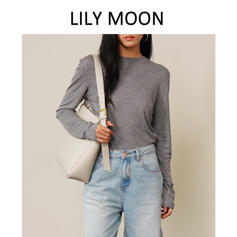 LILYMOON 2024 Winter New Women's Long-Sleeved T-shirt Warm Tencel Wool Design Sense Round Neck Long-sleeved Mask Sense T-Shirt