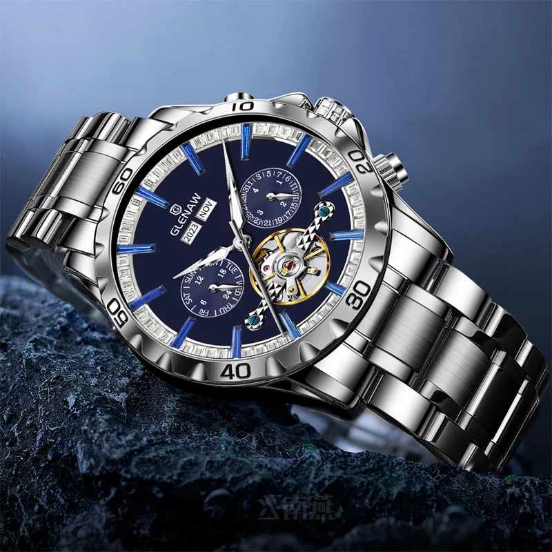 2024 GLENAW Men\'s Mechanical Watch Original Skeleton Waterproof Luminous Stainless steel Date Automatic Watch for Men Luxury