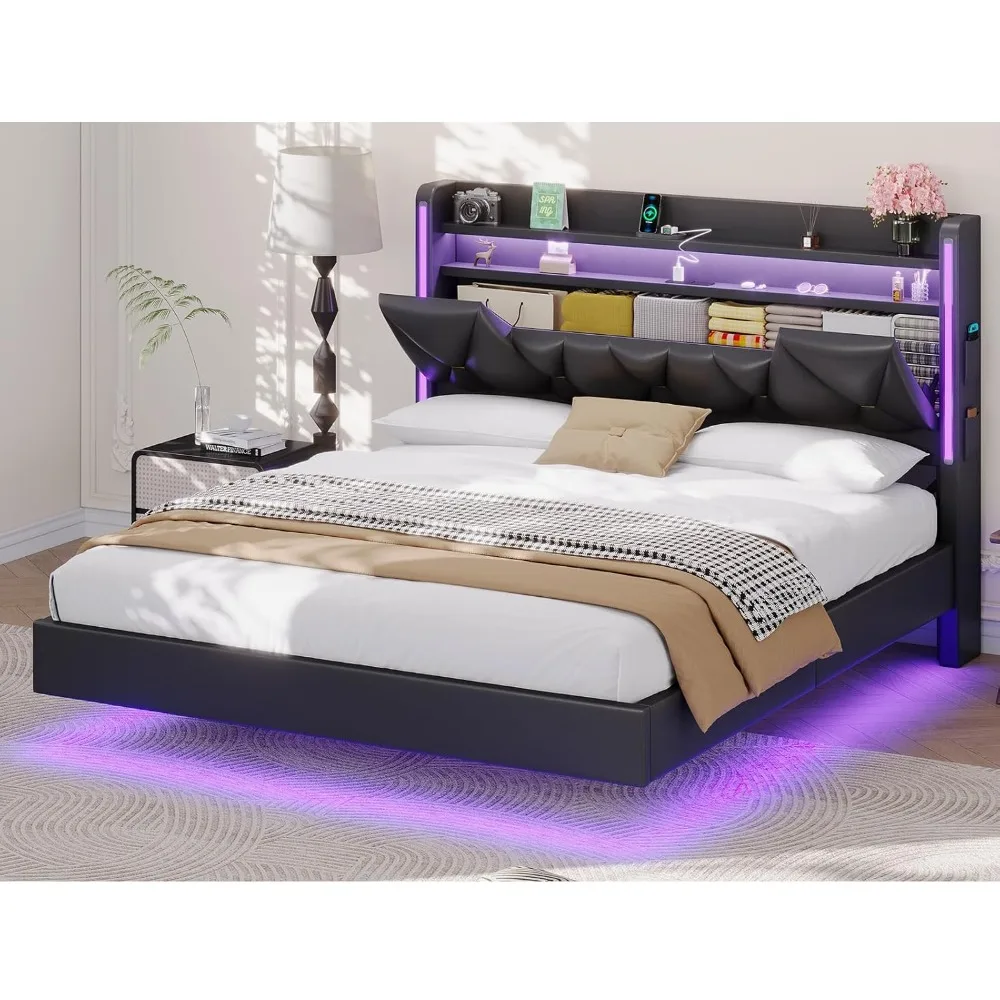 Floating Bed Frame Queen with Storage Headboard, Queen Bed Frame with Hidden Storage,4 Pockets, Upholstered Bed with LED Lights