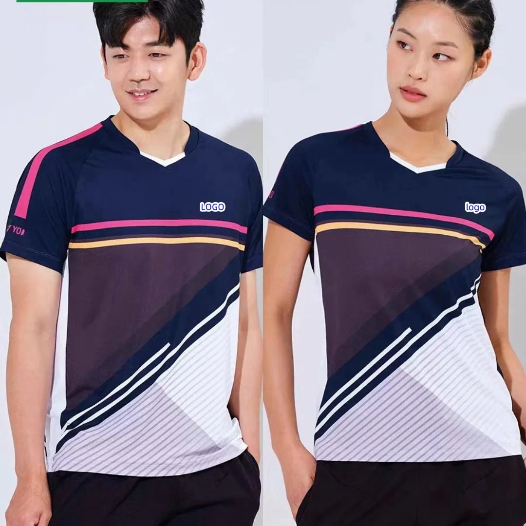 Customized men's and women's badminton T-shirt Breathable quick drying light V-neck tennis shirt accept customized service