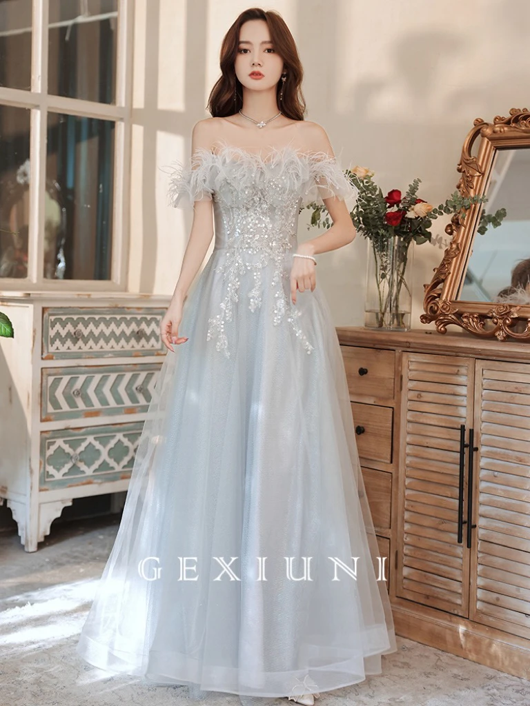 

Elegant Prom Gowns Boat Neck Sequined Tulle With Feather Applique Off Shoulder Slim A-line Wedding Formal Party Evening Dresses