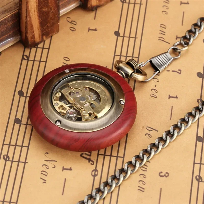 Bronze Retro Pocket Watch Unisex Skeleton Automatic Mechanical Watches Roman Number Dial Pendant FOB Clock Chain Reloj Gift