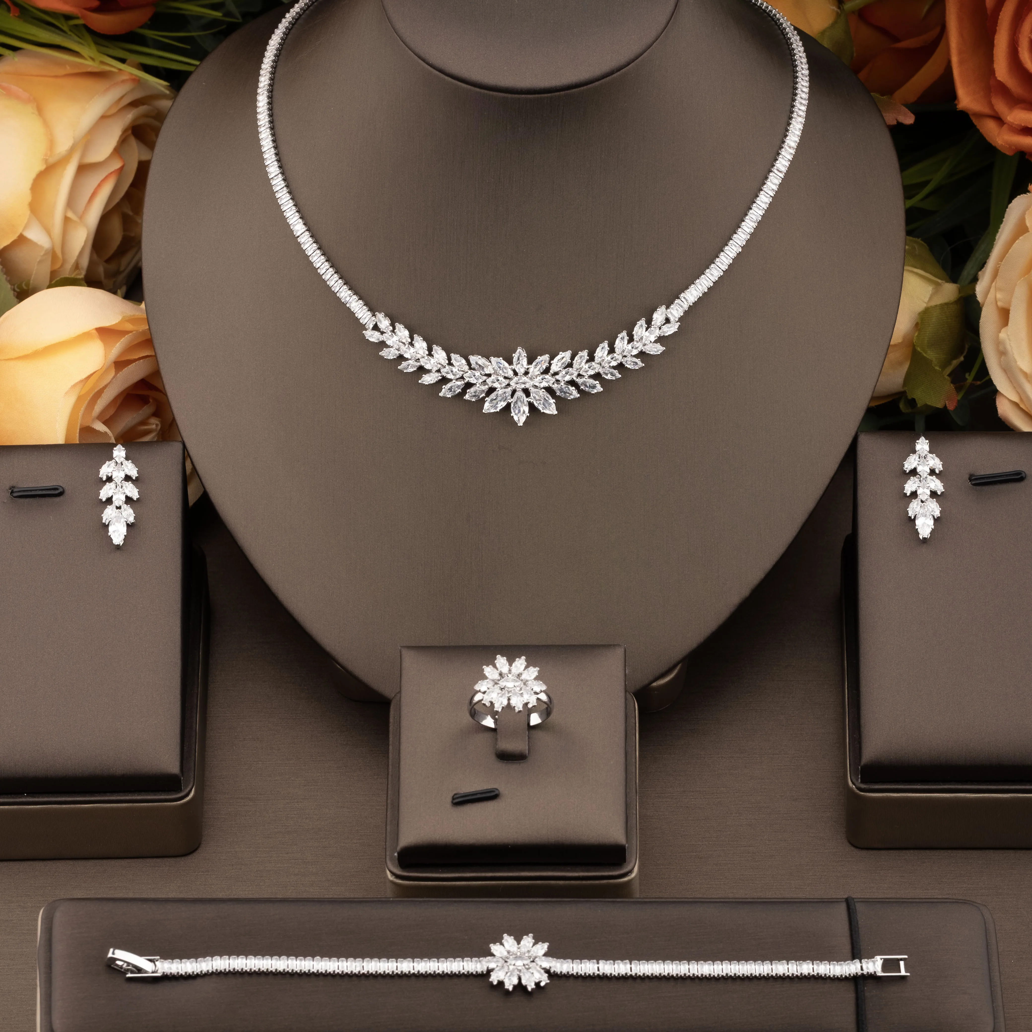 

1 Set of Luxurious and Elegant Jewelry Set with Sparkling Cubic Zirconia in a Wheat Spike Design, Suitable for Women to Wear at Weddings and Banquets. Gift Box Not Included