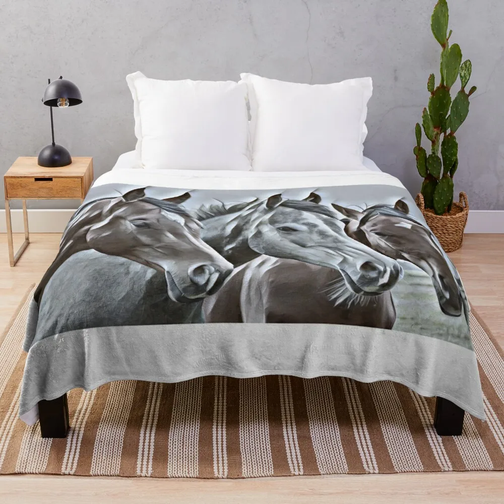 

3 Horses 2-black and brown sketch painting. Throw Blanket Summer Bedding Blankets Hairy Blankets