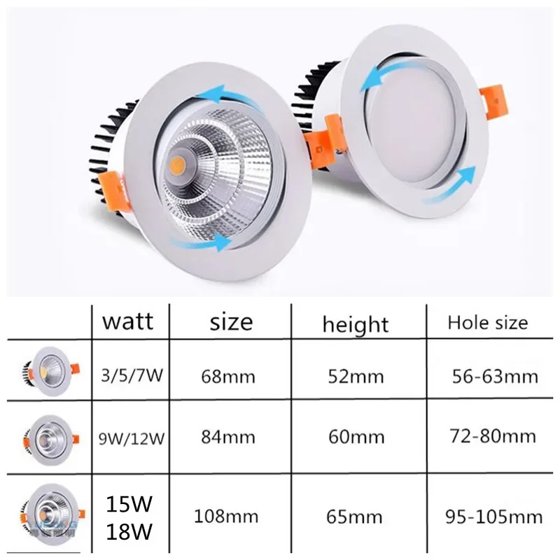 ضوء كشاف ليد COB قابل للإضاءة ، مصباح السقف ، أضواء السقف النازل المجوفة من الألومنيوم ، دائرية ، تيار متردد 85-7.5 V مدمجة ، 3 وات ، 5 وات ، 7 وات ، 9 وات ، 12 وات ، 15 وات 18 واط