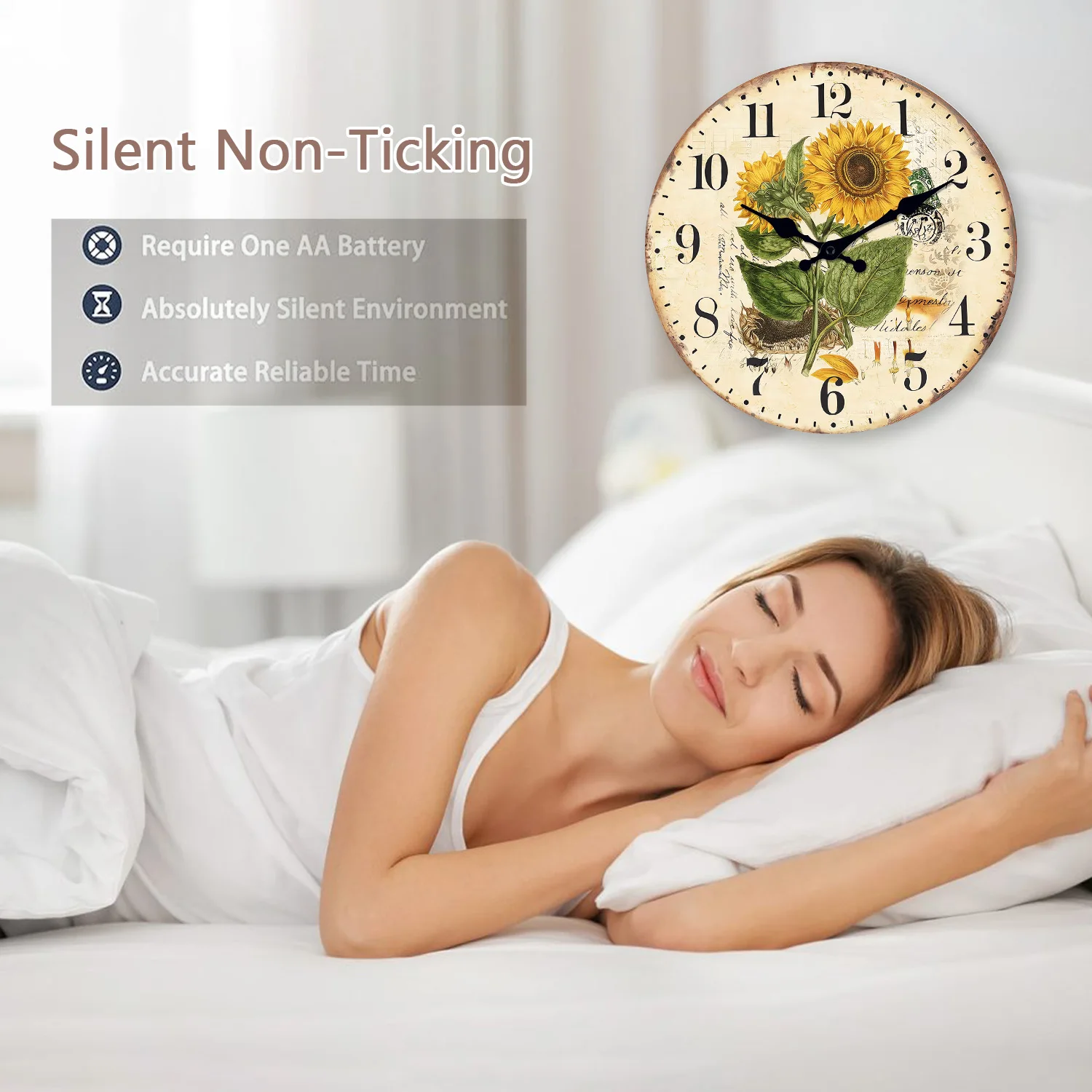 1pc Retro Wood Wall Clock, Two Sunflower Flower Design Wall Clock, Non-Ticking Silent Wall Clock, Home Living Room Decoration