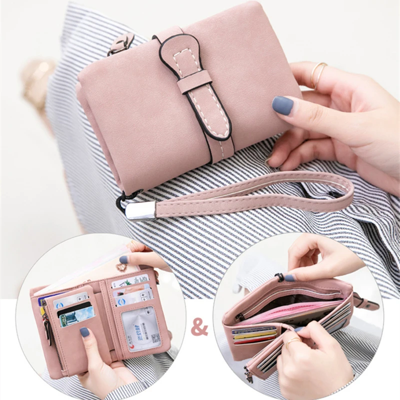 

Multifunction Short Purse Fold Women Wallets Drawstring PU Leather Zipper Wallet with Wrist Strap Ladies Carteira Feminina