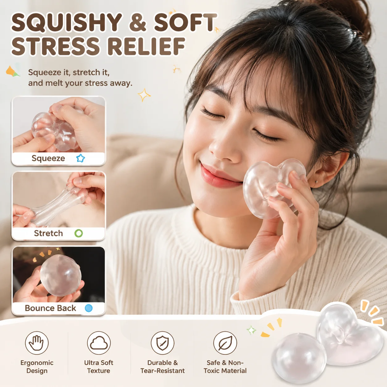 Solid Clear TPE Squishy Stress Ball, High Elasticity Soft Squeeze Toy, Durable Non-Toxic Smooth Texture Hand Grip Training Toy, Simple Minimalist Fidget Toy Party Favor & Autism Sensory Present