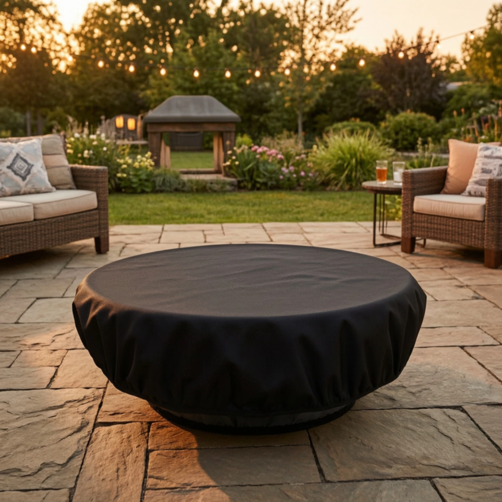 Round Fire Bowl Cover Windproof Fire Bowl Cover with Drawstring Weather Resistant Sturdy for Homeowners, Patio, Backyard view 6