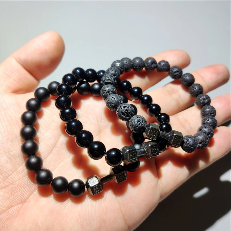 Element Highlight Black Dumbbell Bracelet Couple Frosted All-match Bracelet Fitness Natural Volcanic Stone Beads