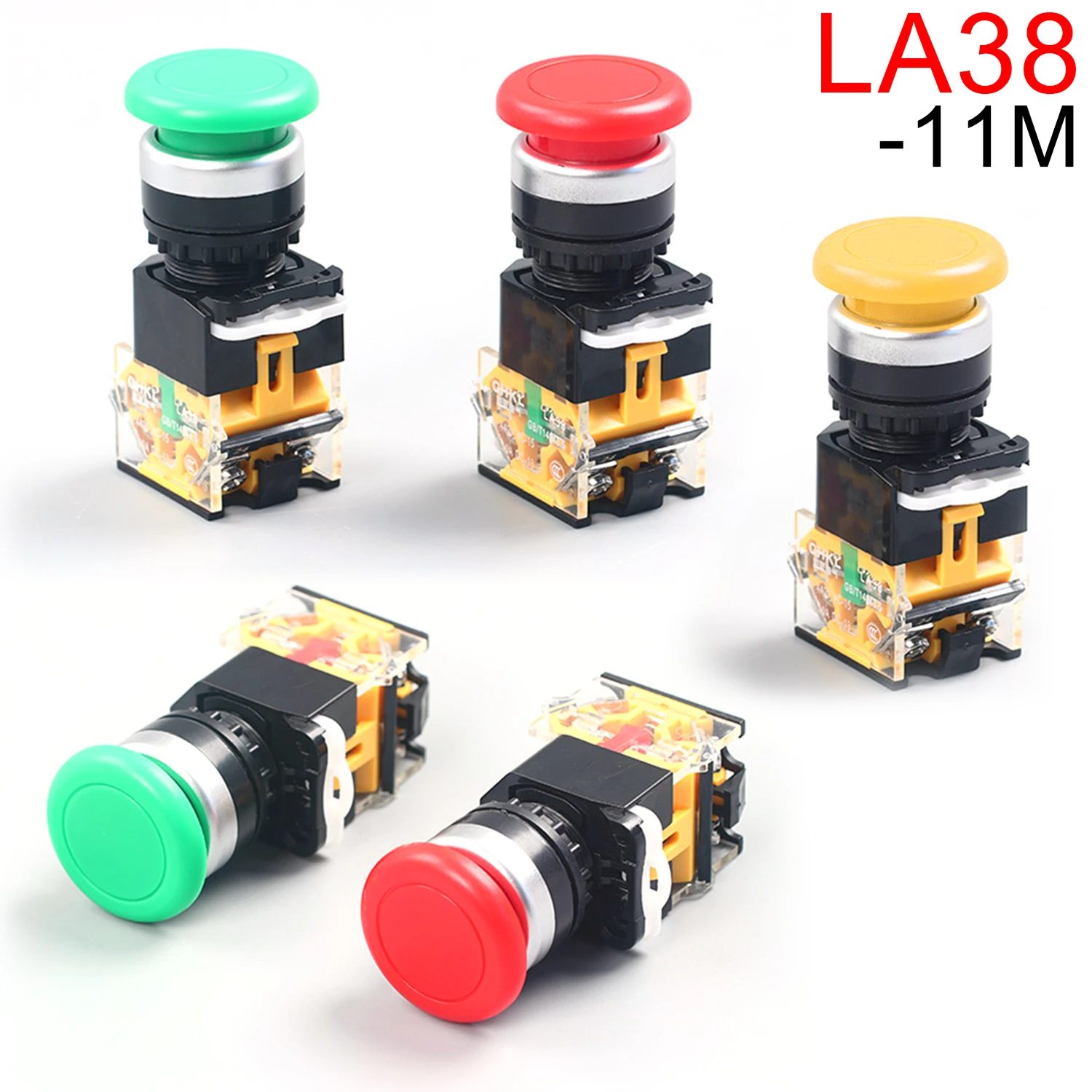 LA38-11M Momentary Push Button Switch Self Reset/Lock Round 1NO 1NC Button Silver Contact Mushroom 22mm Green Red Yellow