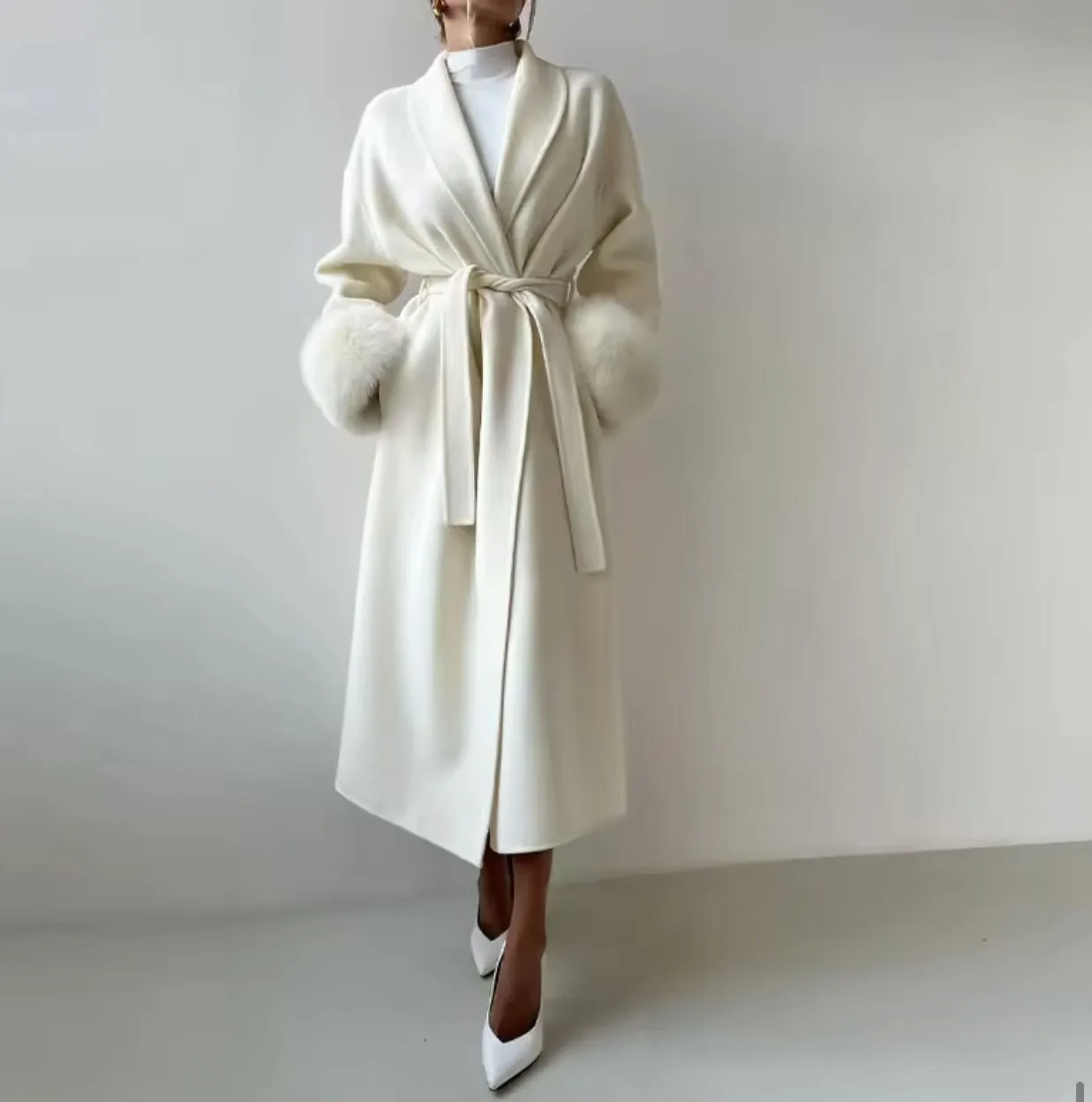 

Lady Autumn Winter Elegant Solid Long Woolen Coat Women Turn-down Collar Blends Overcoat Lace Up Full Sleeve Classic Warm Coat