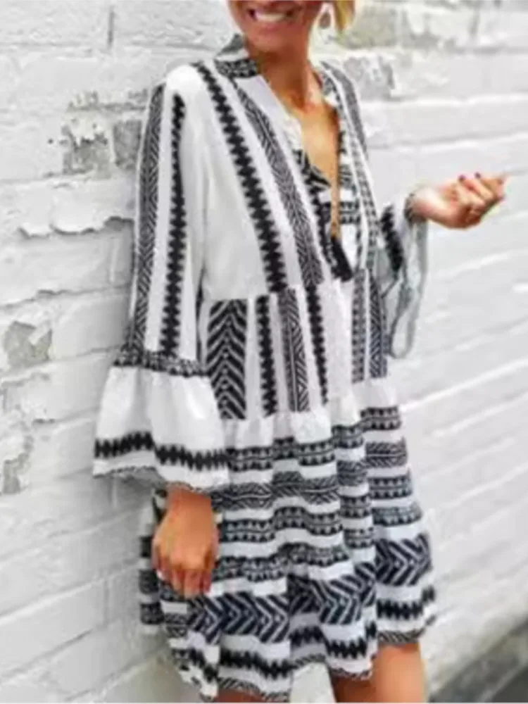 

Fashion Bohemian Color Print Dresses Women V-neck Long Sleeve Folds Casual Loose Beach Vacation Dress Female Summer Vestidos New