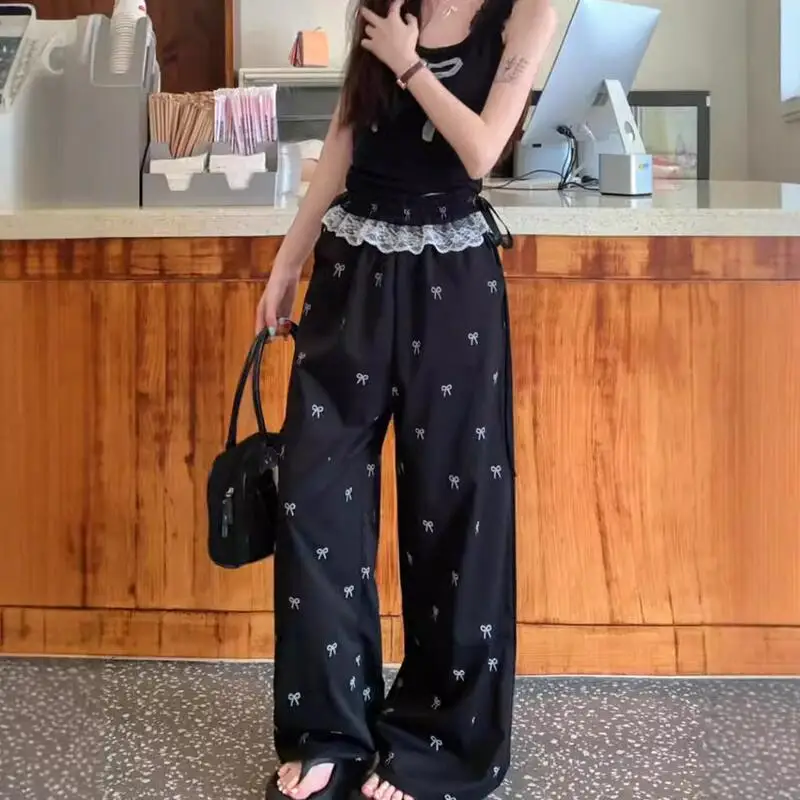 Süße Heiße Mädchen Lesben Patchwork Casual Hosen Bowknot Hosen frauen Frühling Sommer Elastische Taille Breite Bein Hosen Gerade Hosen