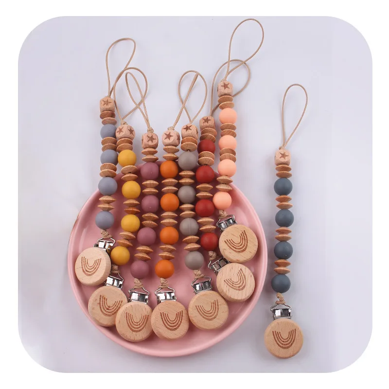 New Baby Beech Wood Pacifier Clip Anti Drop Gum Silicone Gum Nipple Chain Silicone Beads Accessoire Bebe Baby Accessories