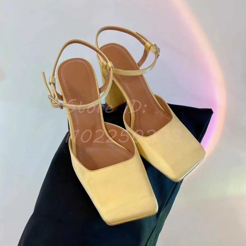 

Solid Buckle Straps Chunky Heels Sandals Square Toe Crystal High Heeled Mary Janes Pumps Women Summer Fashion Dress Shoes 2024