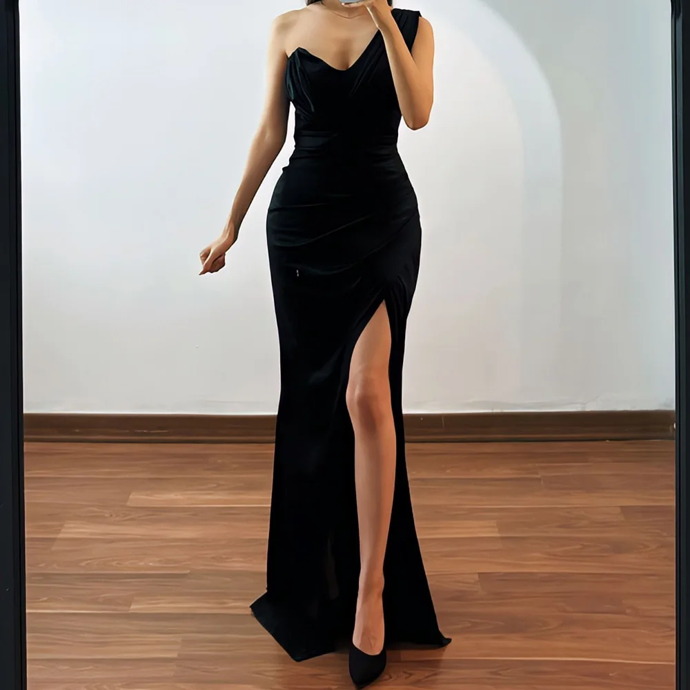 

Customized Elegant One Shoulder Satin Evening Dresses Temperament Straight Floor Length Sleeveless Custom Made платье вечернее