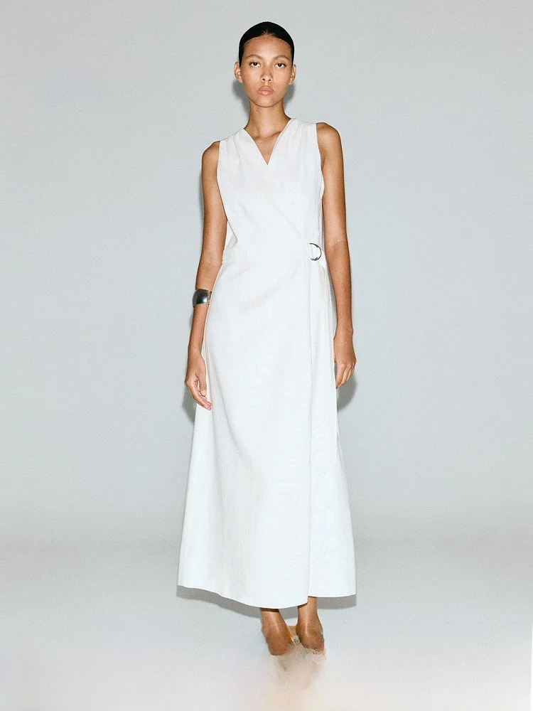 

Женское платье H&M, летнее, из смесового льна, с запахом, охлаждающее, повседневное, без рукавов, с V-образным вырезом, средней длины, однотонное