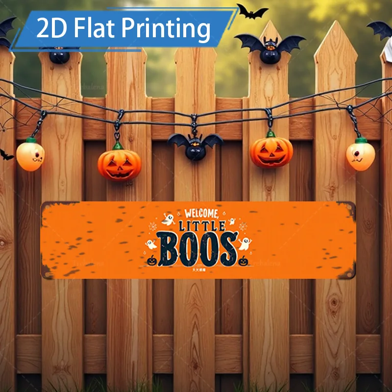 

1pc Metal Sign, 4x16inch Halloween "Welcome Little Boos" Flat Printing Metal Sign for Festive Decor
