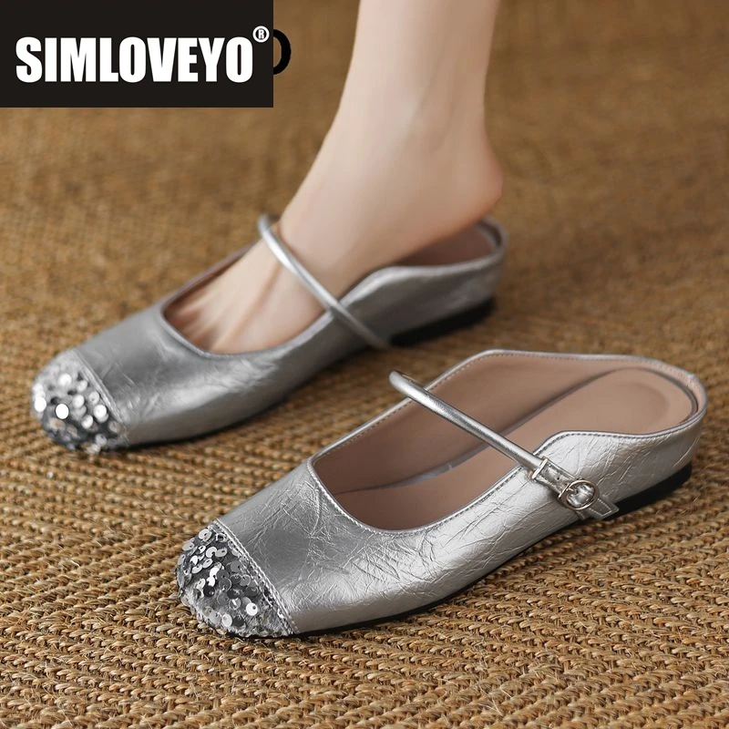 

SIMLOVEYO 2025 Мягкие женские сандалии с круглым носком, средние каблуки 3,5 см, слипоны, мюли с пряжкой на ремне, блестящая повседневная обувь, большой размер 41 42 43 32