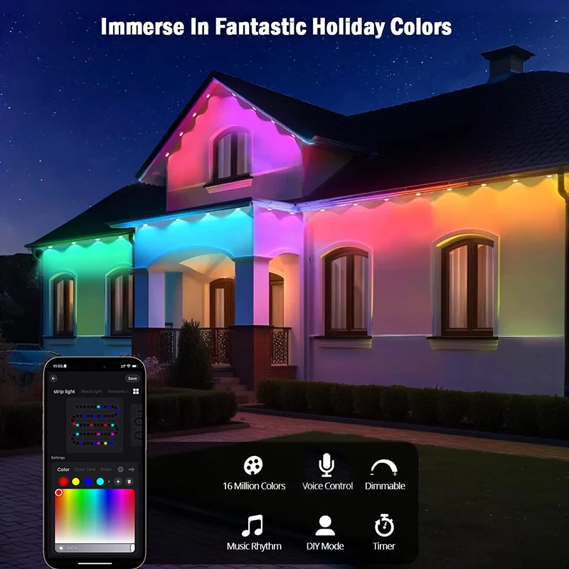 15M Permanent Outdoor Eaves LED Lights String APP RGB Light Strip  Bluetooth with DIY Scene Modes Lighting