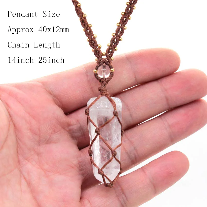 Кристаллический кварц макраме плетеный камень кулон ожерелье для женщин натуральный нерегулярный горный кристалл ручной работы веревка обернутая плетеная цепочка