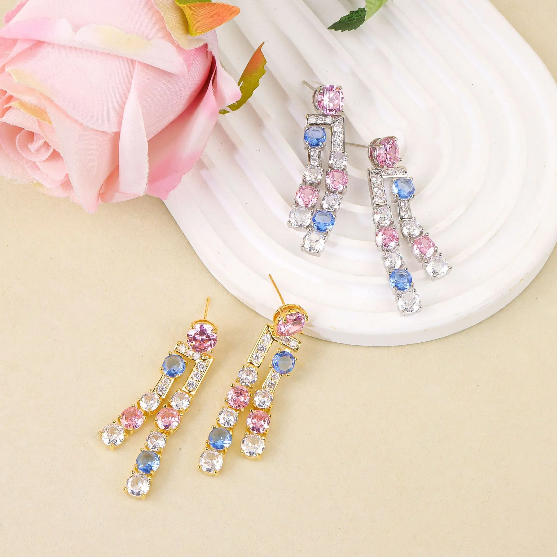 

Gorgeous Color Block Zircon Earrings Women Stylish 3D Geometric Dangle Earrings Trendy All-match Jewelry