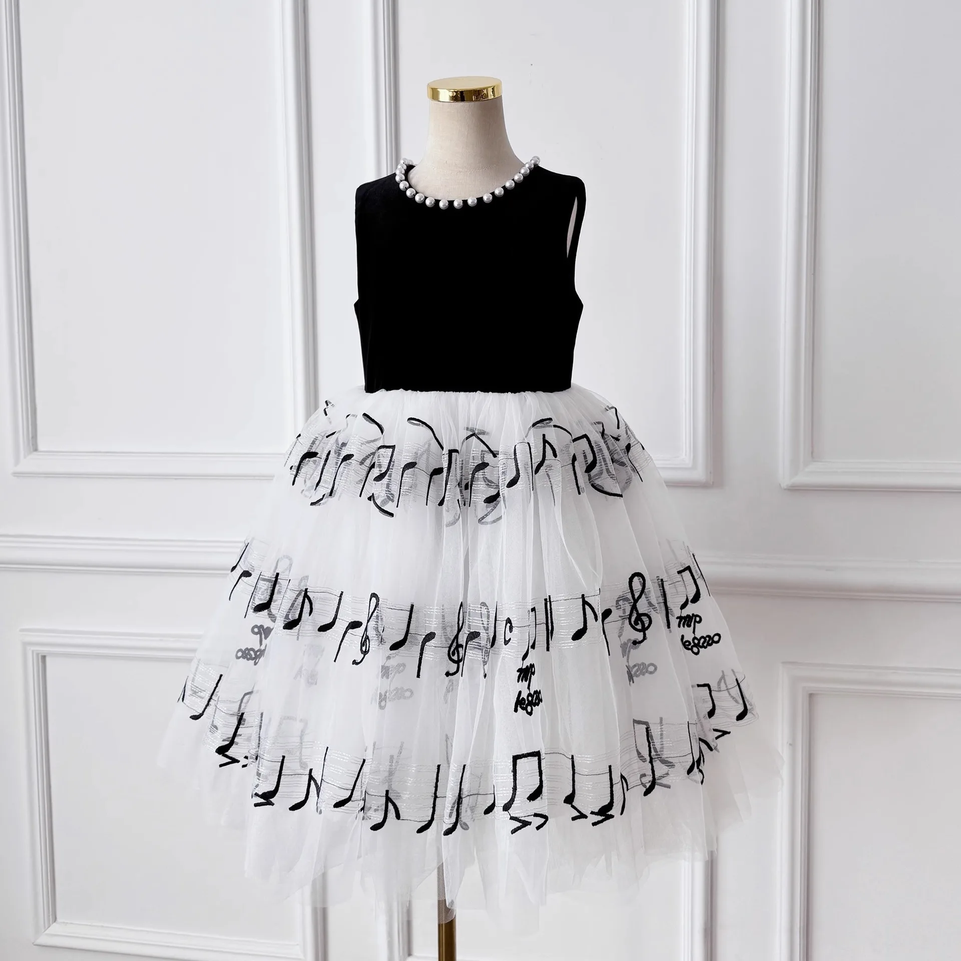 

1-12 years Girls party dresses black big pearl summer mesh piano performance dress stage
