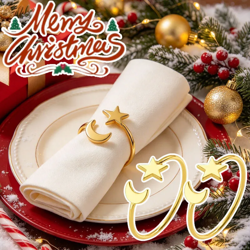 1-10PCS Christmas Moon and Star Napkin Rings Elegant Table Decor Accessories for Christmas Dinner Party Wedding Banquet Home