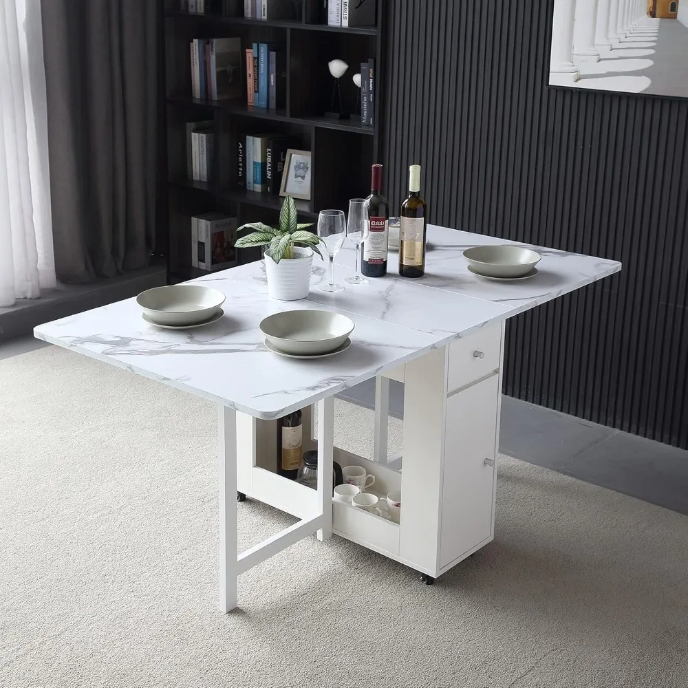 

Folding dining table with shelves and 2 storage drawers, movable expandable space-saving kitchen table, 3 forms