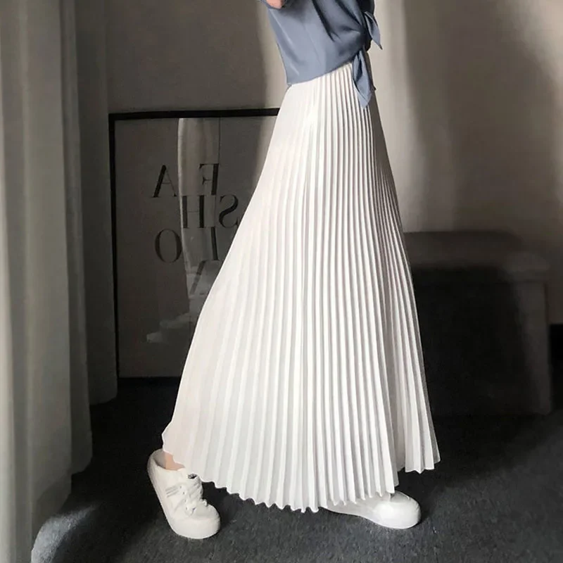 Spring Autumn Women's Pleated Skirts Korean Fashion High Waist Office Lady Long Skirt New Solid Color All-Match A-Line Skirts