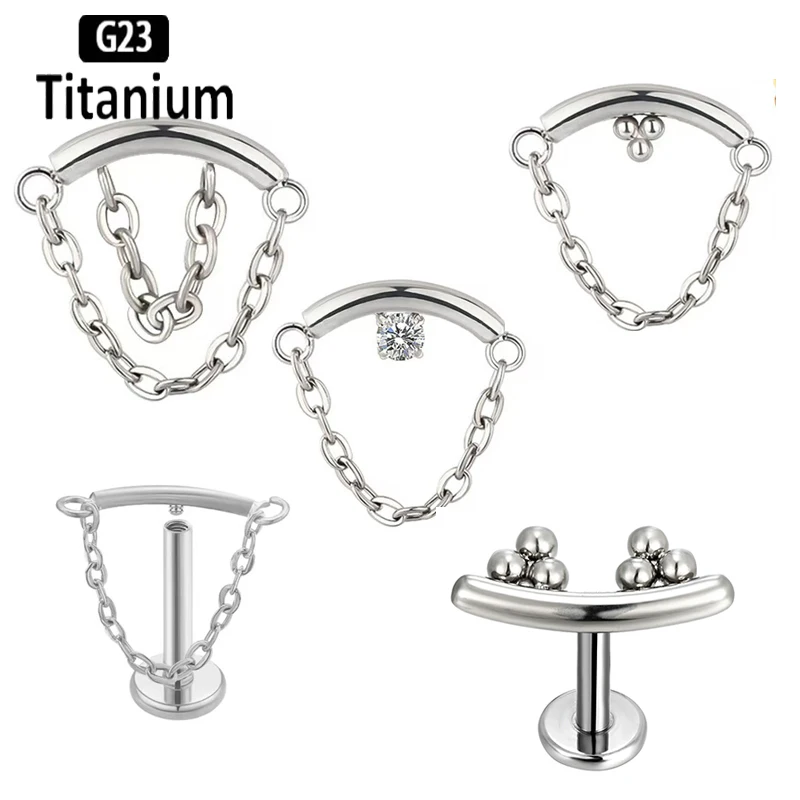 ASTM F136 Titanium Labret Bent Rods Chains Ear Cartilage Stud Earring Internally Threaded Helix Tragus Piercing Jewelry Lip Ring