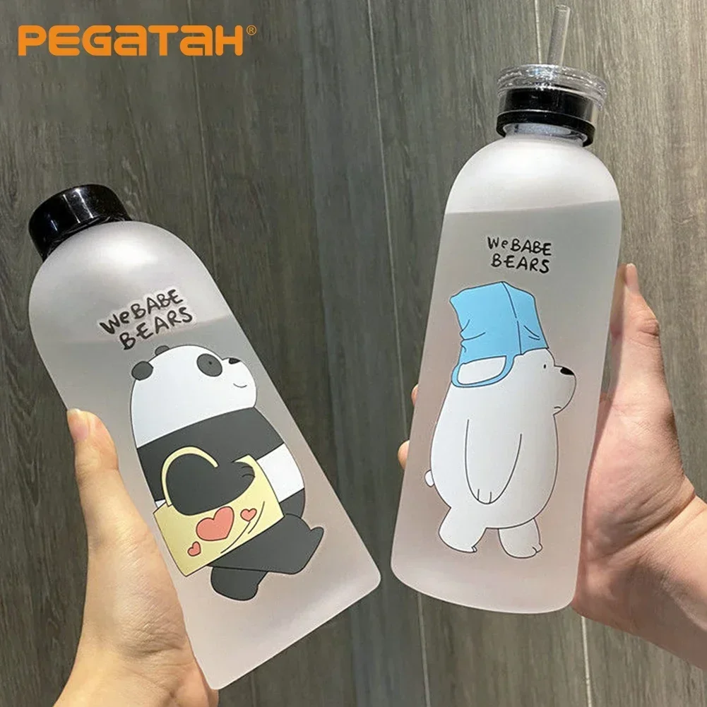 1000ml Water Bottles Cute Panda Bear Cup with Straw Transparent Cartoon Kawaii Water Bottle Drinkware Frosted Cup Protein Shaker