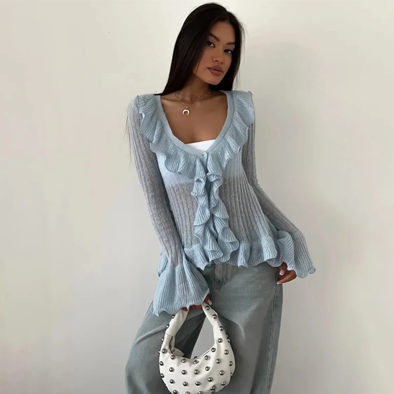 

TARUXY Stylish Ruffled Knit Cardigan Women Loose Solid Sheer Long-Sleeve Top Spring Summer Casual Commuter Cardigan Coat Female