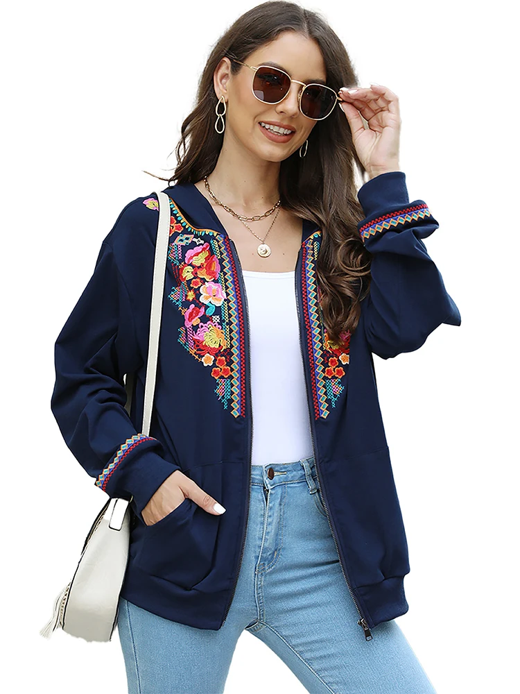 KHALEE YOSE Boho Floral Embroidery Hoodies Jackets Spring Autumn Long Sleeve Pockets Women Vintage Hooded Outwear Streetwear 3XL