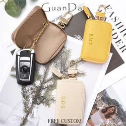 Real Leather Custom Initial Man Key Wallet Zip Portable Key Chain Bag Engrave Logo Fashion Business Key Ring Woman Coin Purse