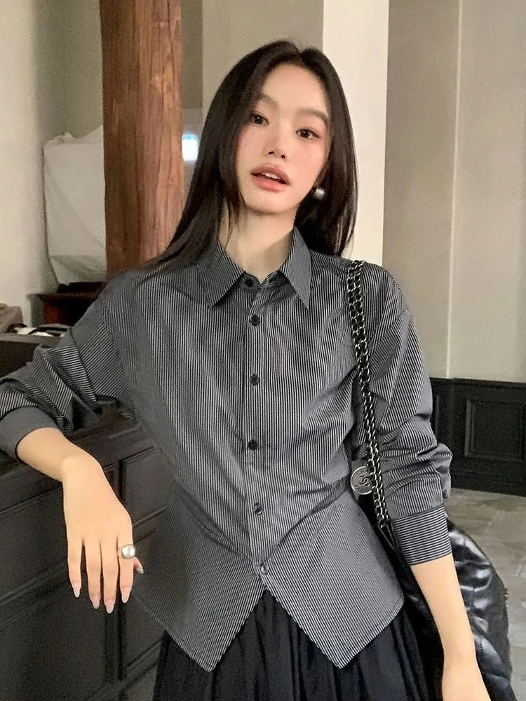 

Женские полосатые приталенные рубашки с длинным рукавом, простые офисные блузки на пуговицах, винтажные повседневные топы в стиле Харадзюку, универсальные ретро-модели