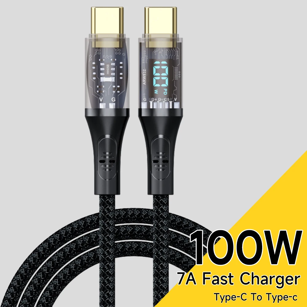 

7A USB Type C to Type C Data Cord Wire Fast Charging Digital Display Data Line PD Cable For iphone 15 Samsung Xiaomi Huawei