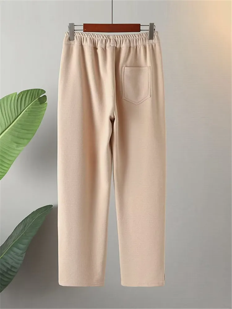 Plus Size Women's Clothing Autumn And Winter Pants Elastic Waist Thickened Fleece Trousers Solid Color Large Size For Fat Ladies