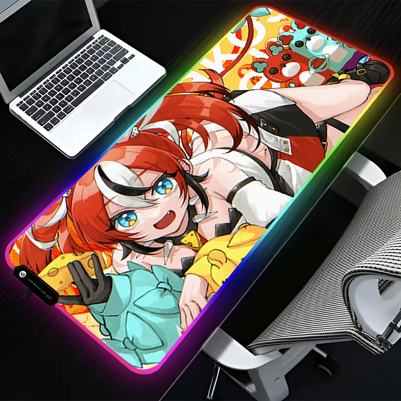 RGB LED Mouse Pad Computer Gamer Accessories Mouse Mat Rubber HD Keyboard Pad Non Slip Mousepad H-hololive Hakos Baelz Desk Mat