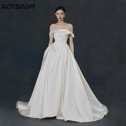 Customized Off The Shoulder Boat Neck A-Line Evening Dresses For Women Sweep Train 2024 Wedding Dresses For Formal Occasions