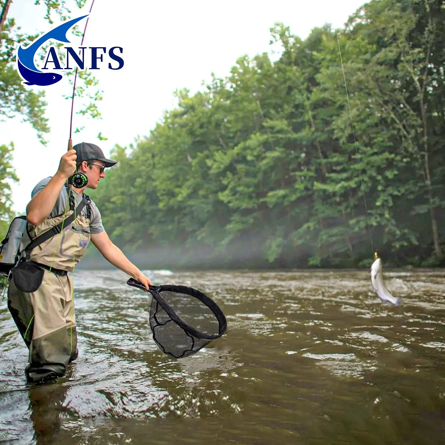ANFS Fishing Landing Net, Fold-able Landing Trout Net, Rubber Coated Mesh Trout Net with Tackle Bag for Trout Bass - view 5