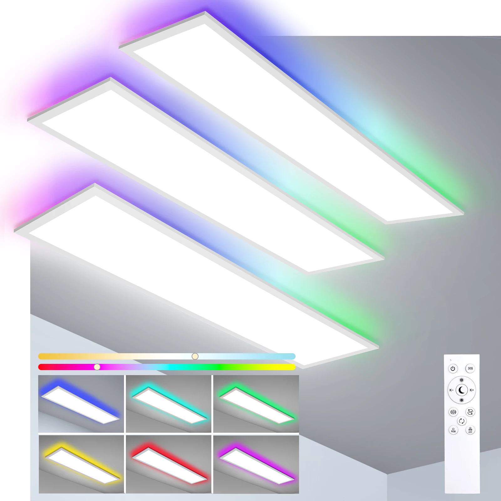 3-Pack RGB LED Panel Ceiling Light 100cm, 30W 3300LM, 3000–6500K, Remote & Memory Function for Living Room, Bedroom, Kitchen