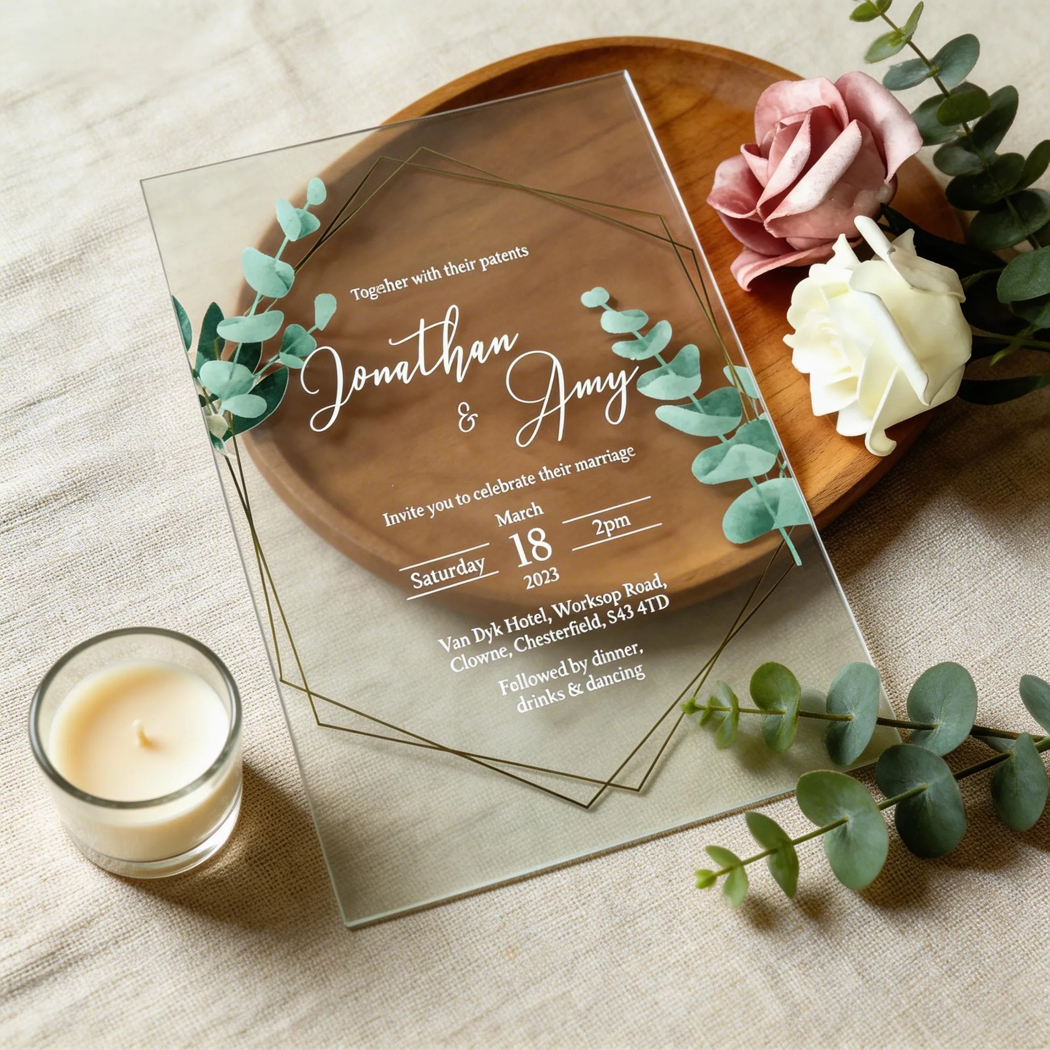 

10Pcs Custom Transparent Acrylic Wedding Invitation Card,Pocket Envelopes,Green leaf Acrylic Invite,Party Gift Favor Decoration